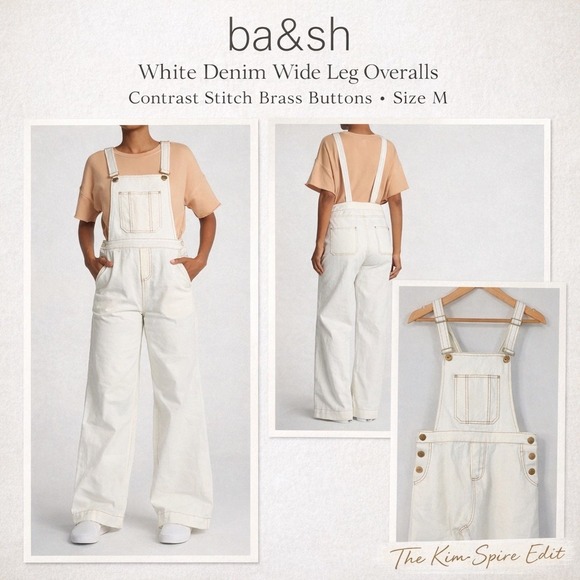 ba&sh Denim - Ba&sh White Denim Wide Leg Overalls Contrast Stitch Brass Buttons Size M